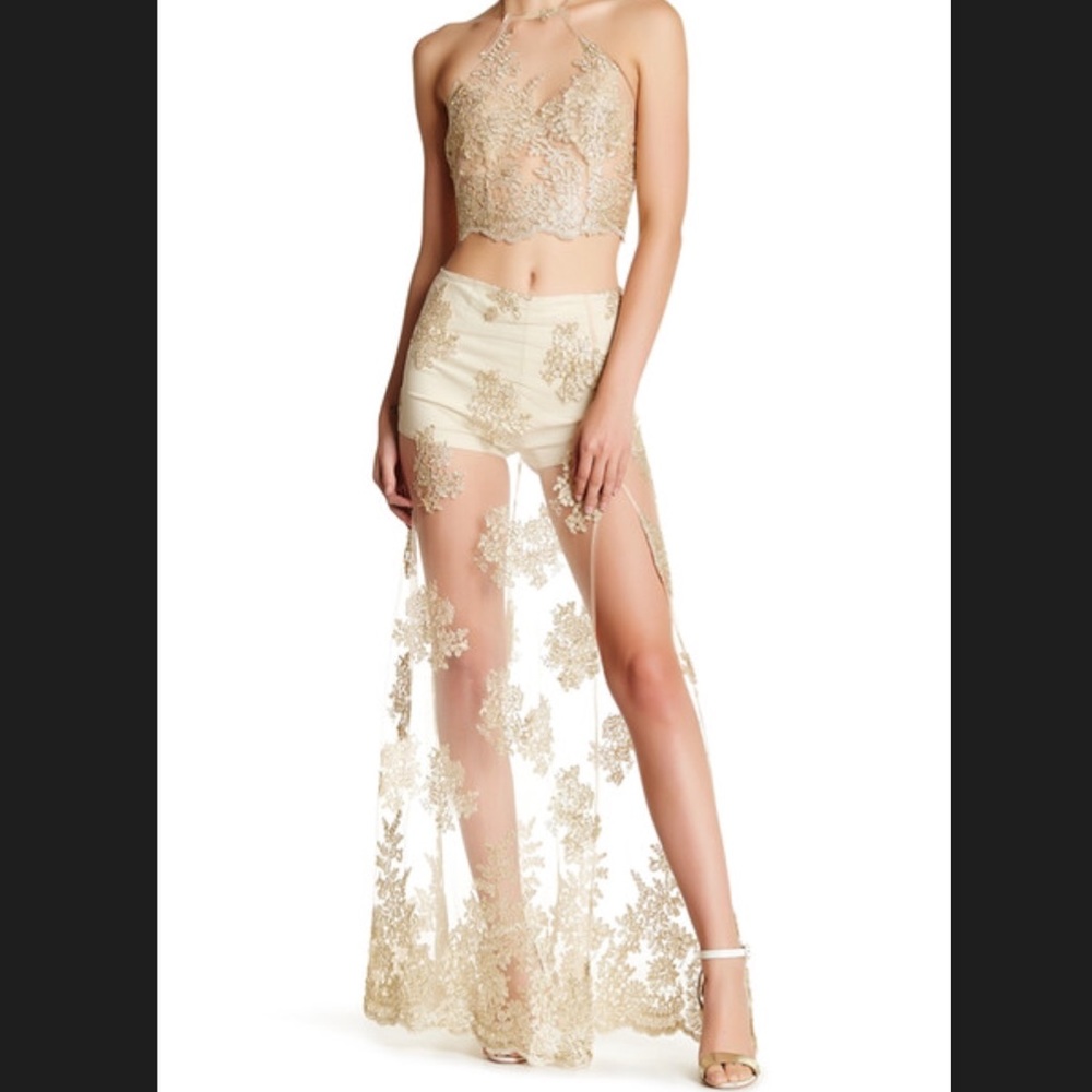 NWT gold crop top and skirt set. Size SMALL